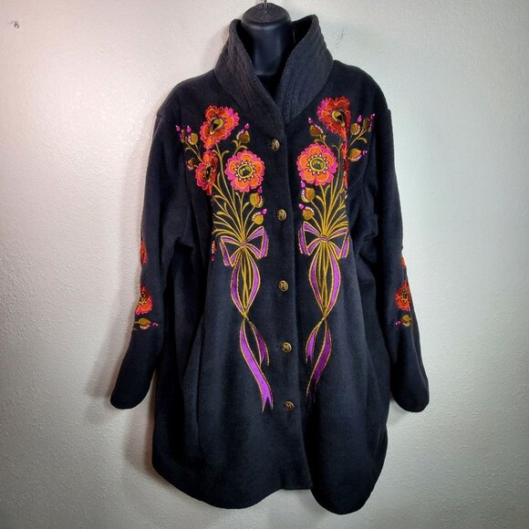 Bob Mackie Wearable Art Black Floral Embroidered Button-Up Soft Fluffy Coat 1X - Picture 2 of 11